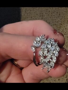 Silver Crystal Cluster Ring- Sparkling White Stones